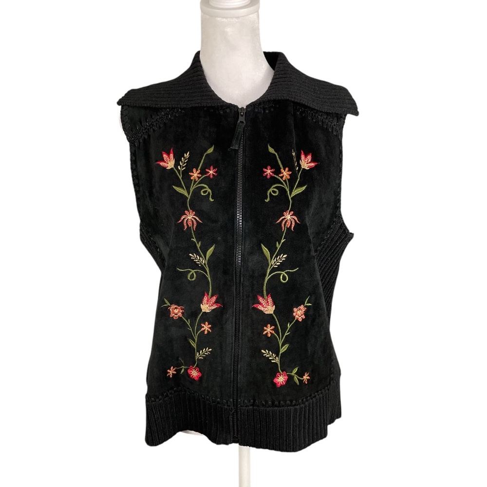 Designer Studio Originals Womens M Embroidered Suede Leather Rib Knit Vest Black